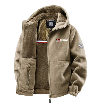 Men's outdoor fleece jacket with hood and zip closure, lined