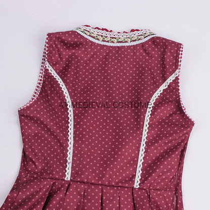 Damen Dirndl Midi Rot Gepunktet Kariert mit Bluse und Schürze