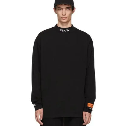 Unisex Langarmshirt Stehkragen Schriftzug Schwarz/Weiß
