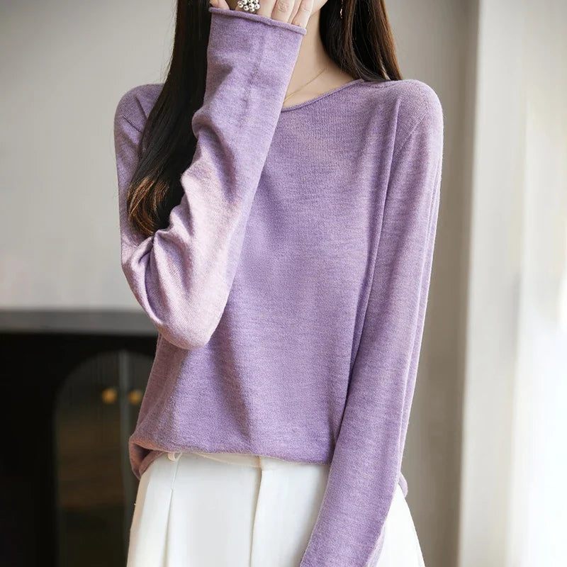 Damen Langarmshirt Rundhals Feinstrick Pullover Violett