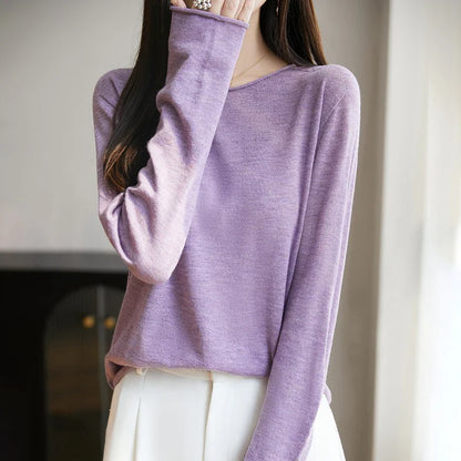 Damen Langarmshirt Rundhals Feinstrick Pullover Violett