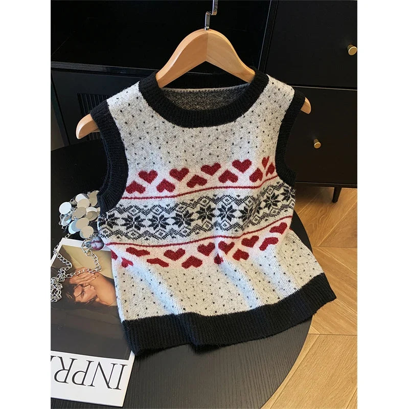 Strickweste Damen Ärmellos Rundhals Pullover mit Herz- und Schneeflockenmuster