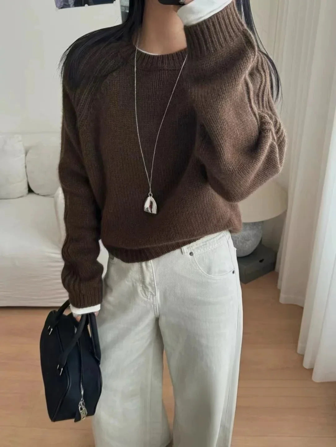 Women's Crew-Neck Knit Sweater with Ribbed Sleeves