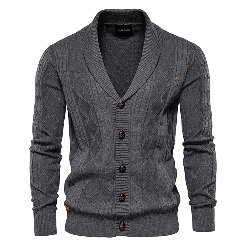 Men's shawl-collar cardigan with diamond pattern and button placket