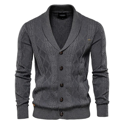 Men's shawl-collar cardigan with diamond pattern and button placket
