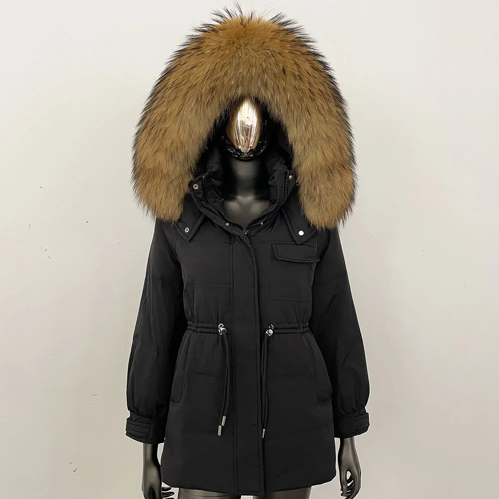 Women's winter parka jacket with fur hood and drawstring waist