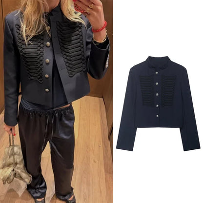 Kurze Marineblaue Jacke mit Stehkragen und Zierknöpfen