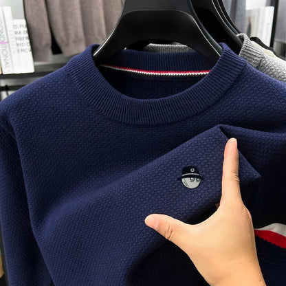 Men's crew-neck pullover with honeycomb texture and stripe detail