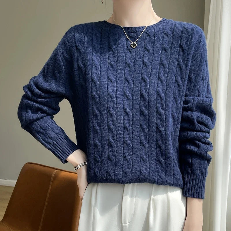 Damen Pullover Zopfmuster Rundhals Langarm Strickpullover