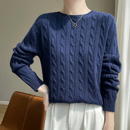 Damen Pullover Zopfmuster Rundhals Langarm Strickpullover