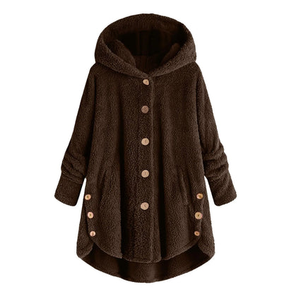 Damen Fleecejacke mit Kapuze Teddy-Optik Langarm Knopfleiste unregelmäßigem Saum