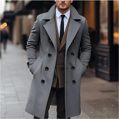Herren Mantel Zweireiher Langer Trenchcoat Eleganter Wintermantel