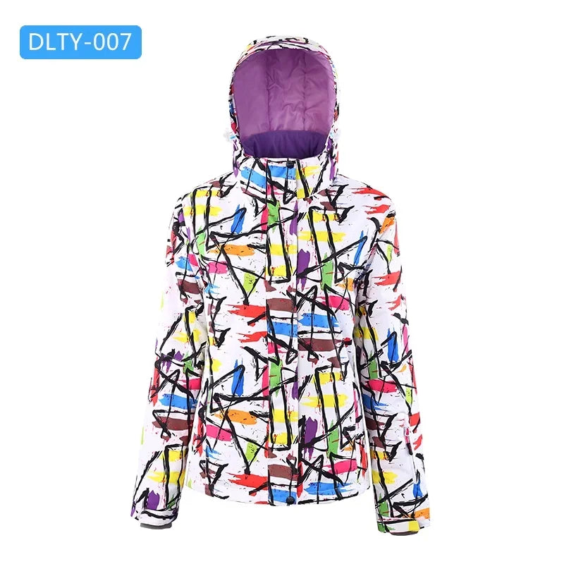 Women's winter ski jacket with hood, colorful pattern, outdoor