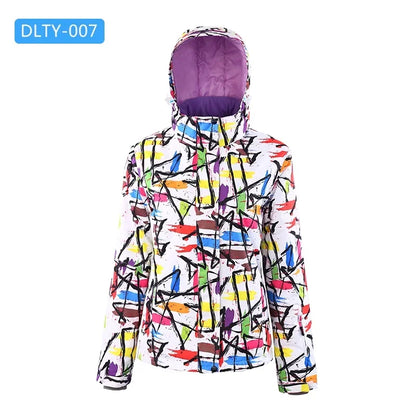 Women's winter ski jacket with hood, colorful pattern, outdoor