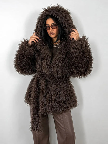 Women's fluffy hooded jacket with tie belt shaggy look