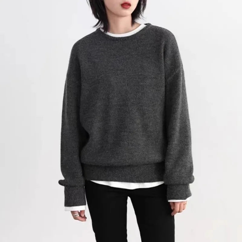 Unisex dark gray crew-neck long-sleeve sweater