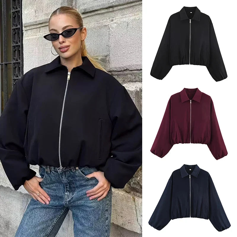 Women's cropped bomber jacket with zipper & collar