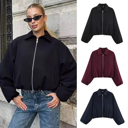 Women's cropped bomber jacket with zipper & collar