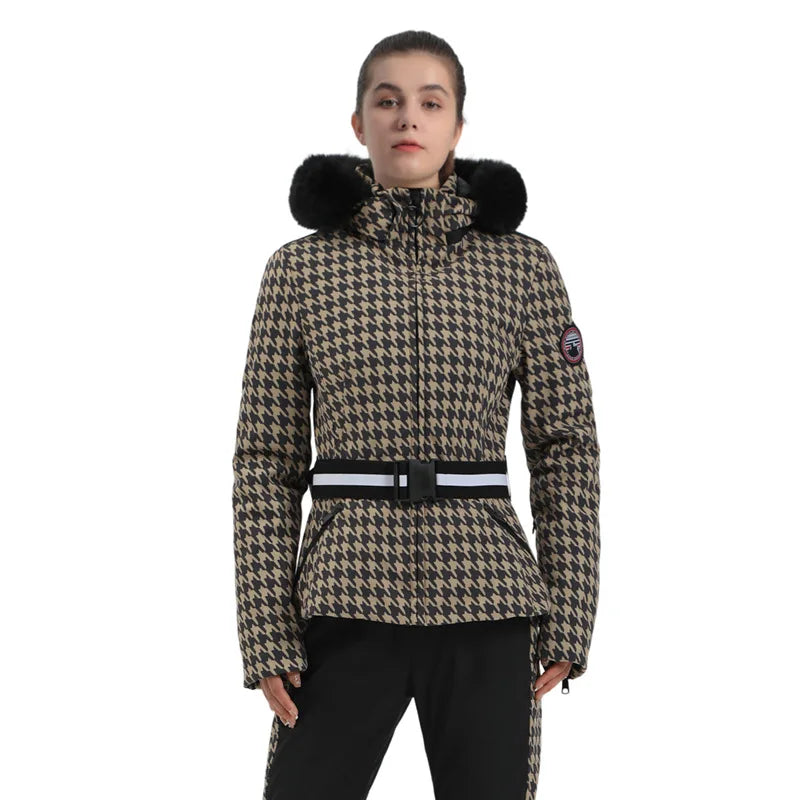 Women's ski jacket with check pattern and faux fur hood, belt, water-repellent