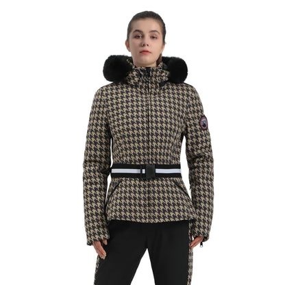 Women's ski jacket with check pattern and faux fur hood, belt, water-repellent