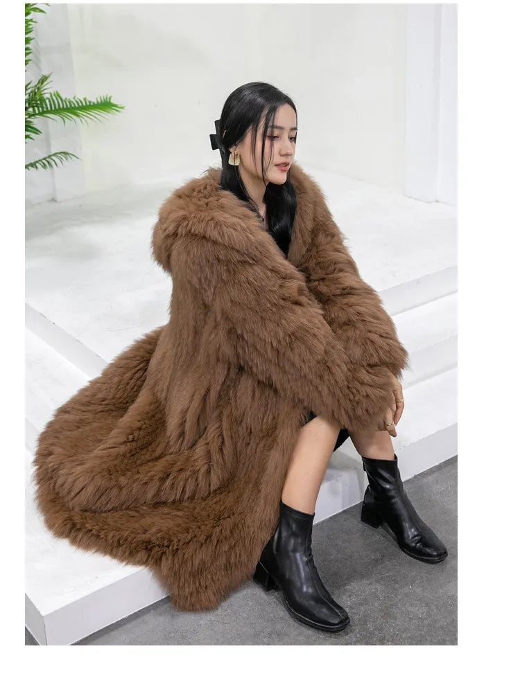 Long hooded coat with faux fur look