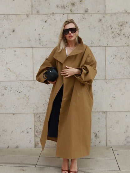 Oversized Damen Trenchcoat mit Gürtel und Stehkragen – Langer lockerer Übergangsmantel