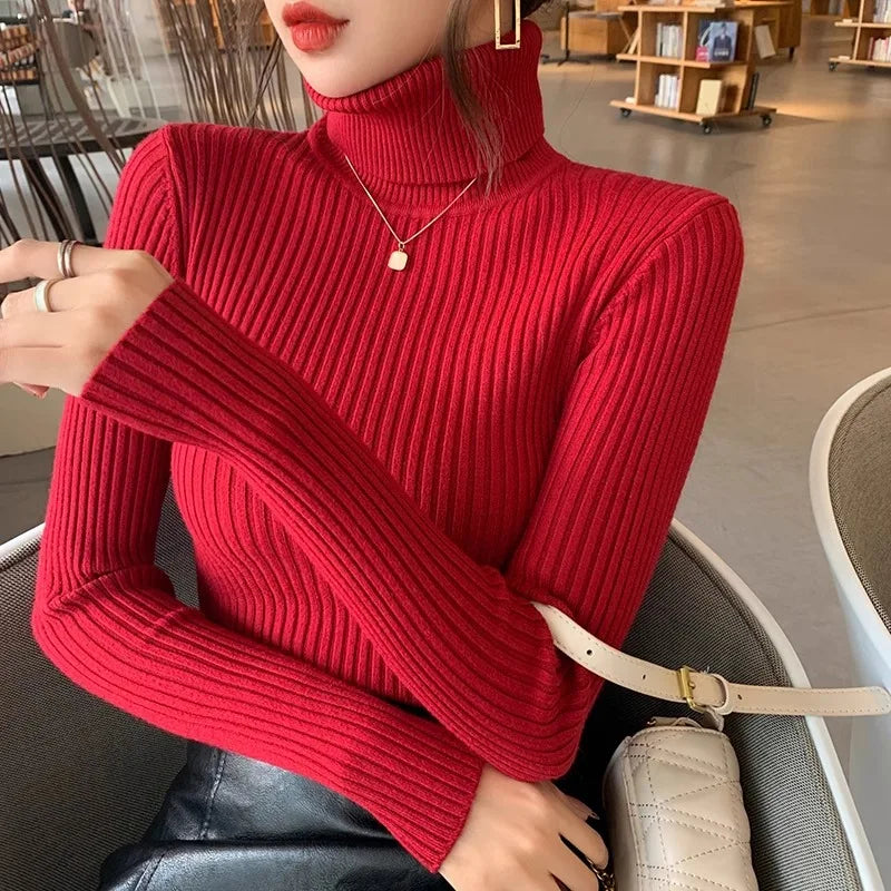 Women's ribbed long-sleeved turtleneck sweater, slim fit