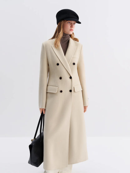 Women's long double-breasted coat, classic cut, red/black/beige