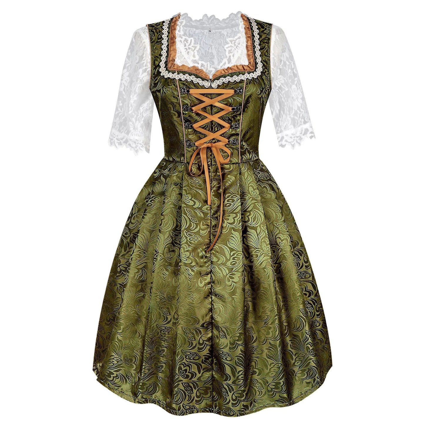 Dirndl Grün Weiß mit Spitzenbluse und Satinband
