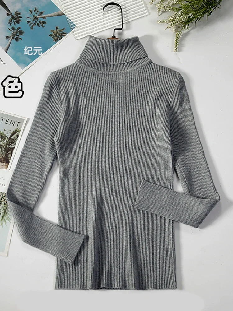 Ribbed women's basic long-sleeved turtleneck sweater