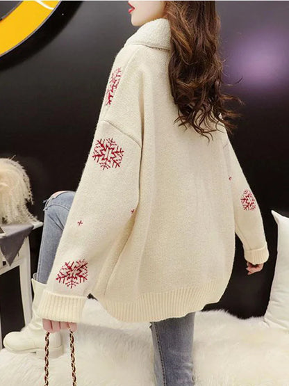 Women's Christmas sweater with deer motif, crew neck, and teddy fleece collar, long sleeves