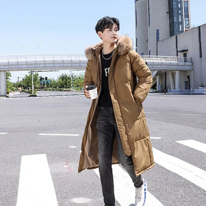 Long padded coat with hood and faux fur trim for men