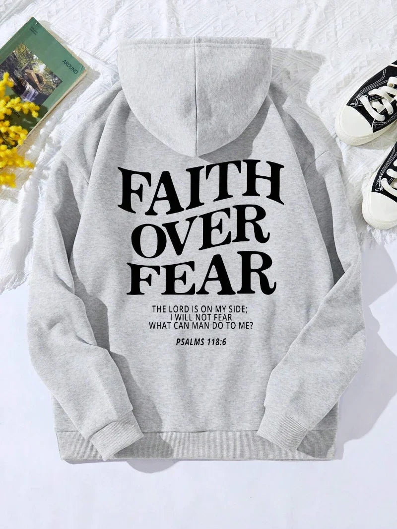 Hoodie with "Faith Over Fear" lettering and Bible quote, oversized hoodie