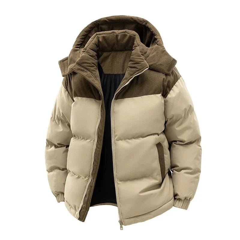 Men's Padded Winter Jacket with Hood, Corduroy Collar and Color-Block Design