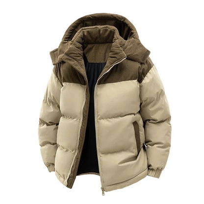 Men's Padded Winter Jacket with Hood, Corduroy Collar and Color-Block Design