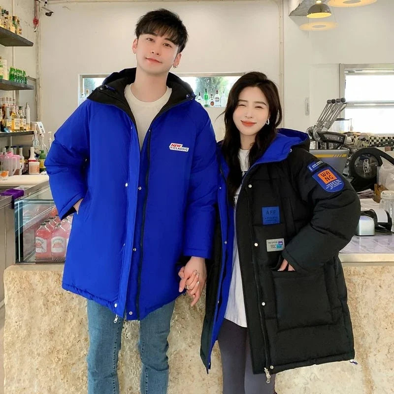 Unisex Winter Steppjacke lang gefüttert mit Kapuze Schwarz Blau