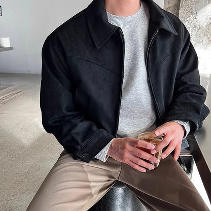 Men's Short Jacket with Zipper and Suede-Look Collar Brown