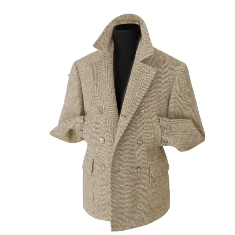 Men's Double-Breasted Vintage Business Blazer – Classic Houndstooth Look for Office & Festive Occasions