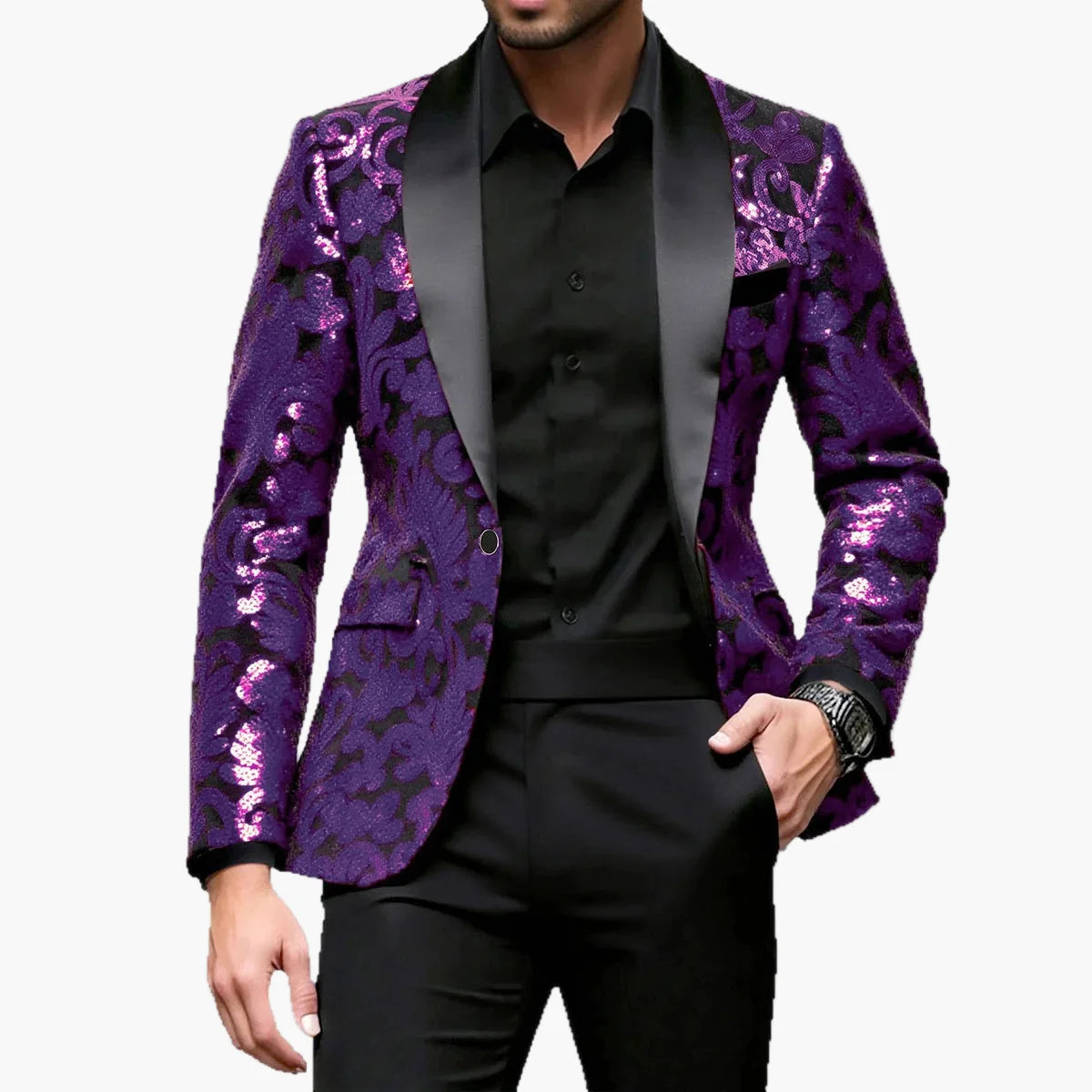 Men's Tuxedo Jacket – Elegant Party Blazer with Glitter Sequins and Modern Shawl Collar for Festive Occasions