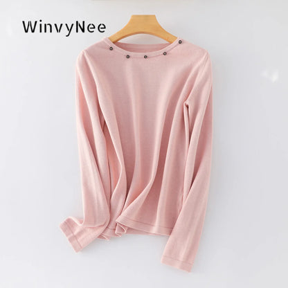 Damen Langarmshirt mit Rundhalsausschnitt und Zierknöpfen