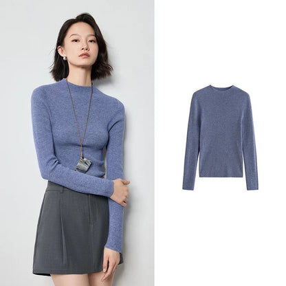 Women's Long-Sleeve Sweater Mock Neck Crew Neck Basic Top in Various Colors