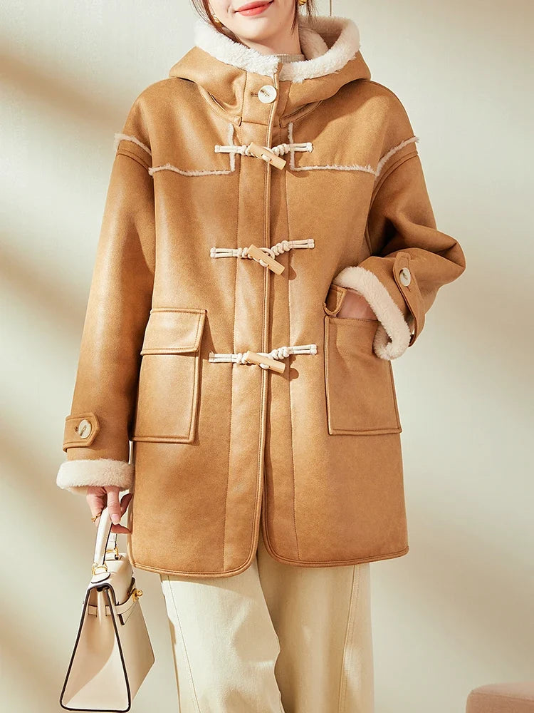 Damen Dufflecoat mit Kapuze und Futter in Camel