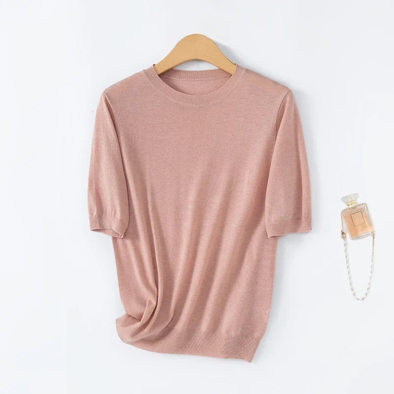 Women's short-sleeve knitted sweater, crew neck, soft sweater top
