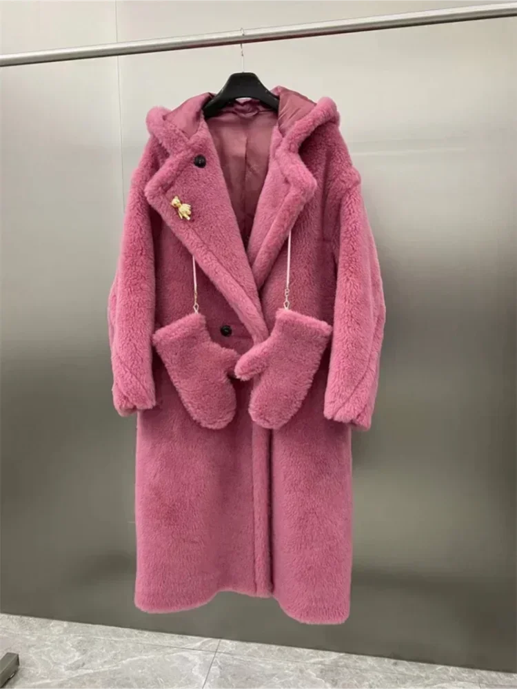 Women's long teddy coat with hood & teddy brooch