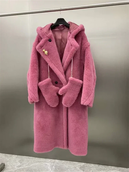 Women's long teddy coat with hood & teddy brooch