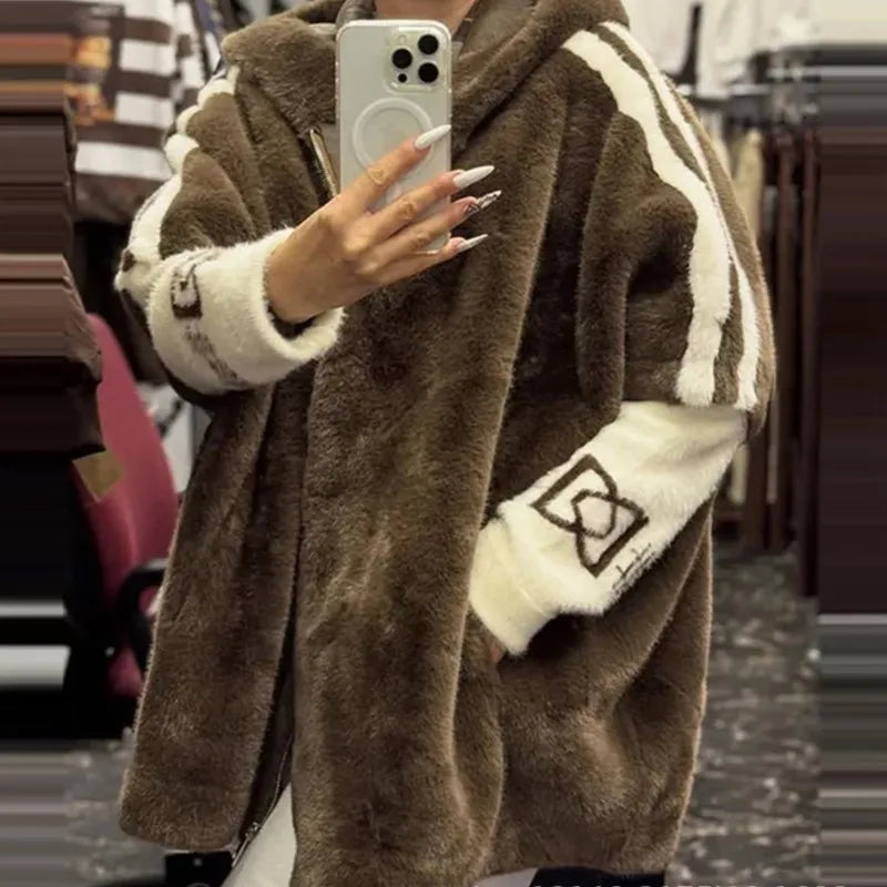 Women's plush hooded jacket with knitted sleeves and stripes