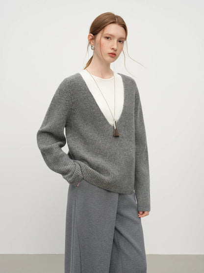 Damen Rib-Strickpullover V-Ausschnitt Tiefer Ausschnitt