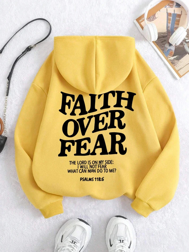 Hoodie with "Faith Over Fear" lettering and Bible quote, oversized hoodie