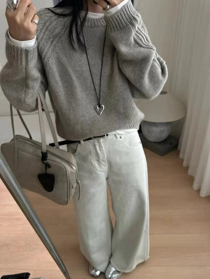Women's Crew-Neck Knit Sweater with Ribbed Sleeves