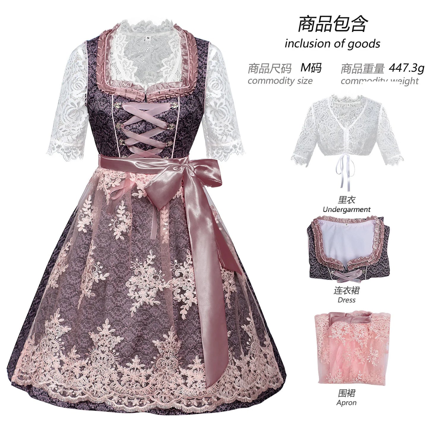Dirndl Damen Grau-Rosa Spitze Trachtenkleid 3-teilig